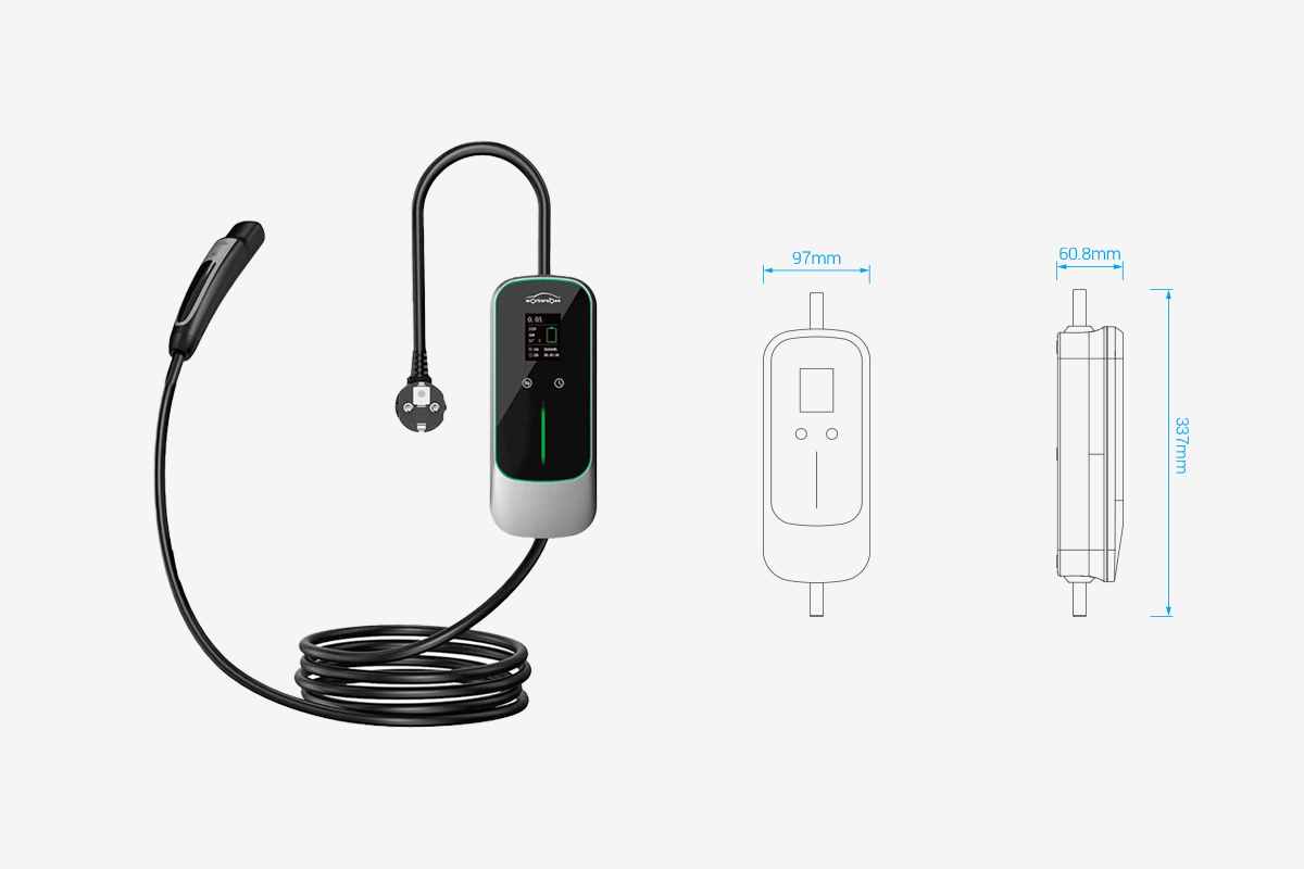 Workersbee FlexCharger 2 portable EV charger dimensions and cable layout