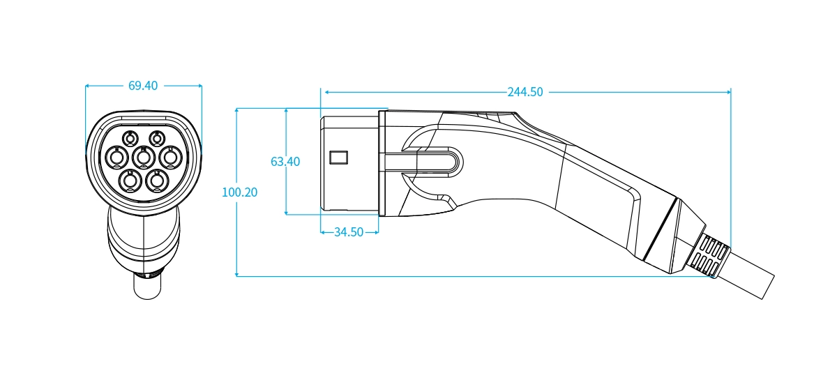 Dimension drawing of Workersbee Type 2 EV connector with shutter for AC charging cable design